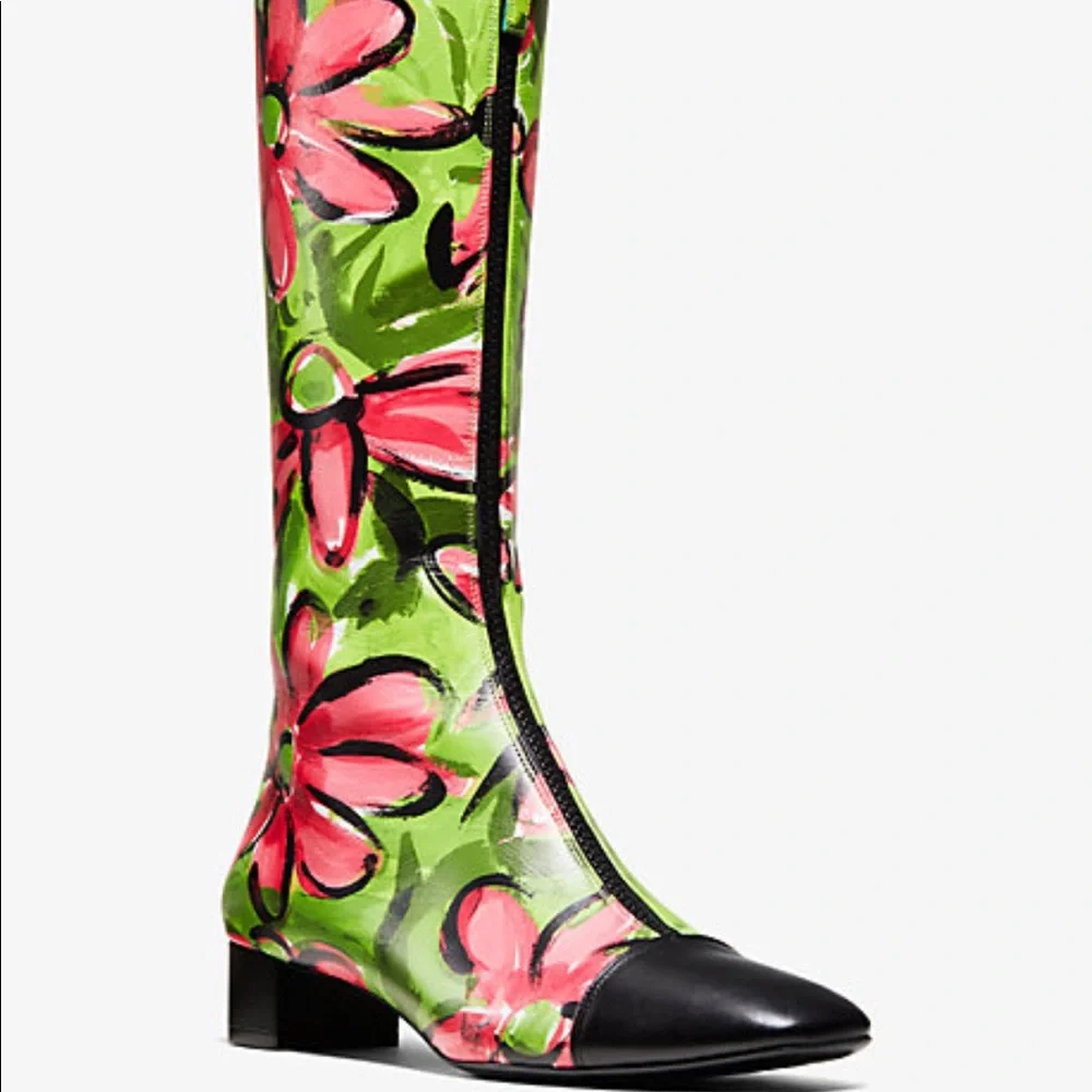 Michael Kors Collection Anita Runway Floral Print Full Calf Leather Knee Boots